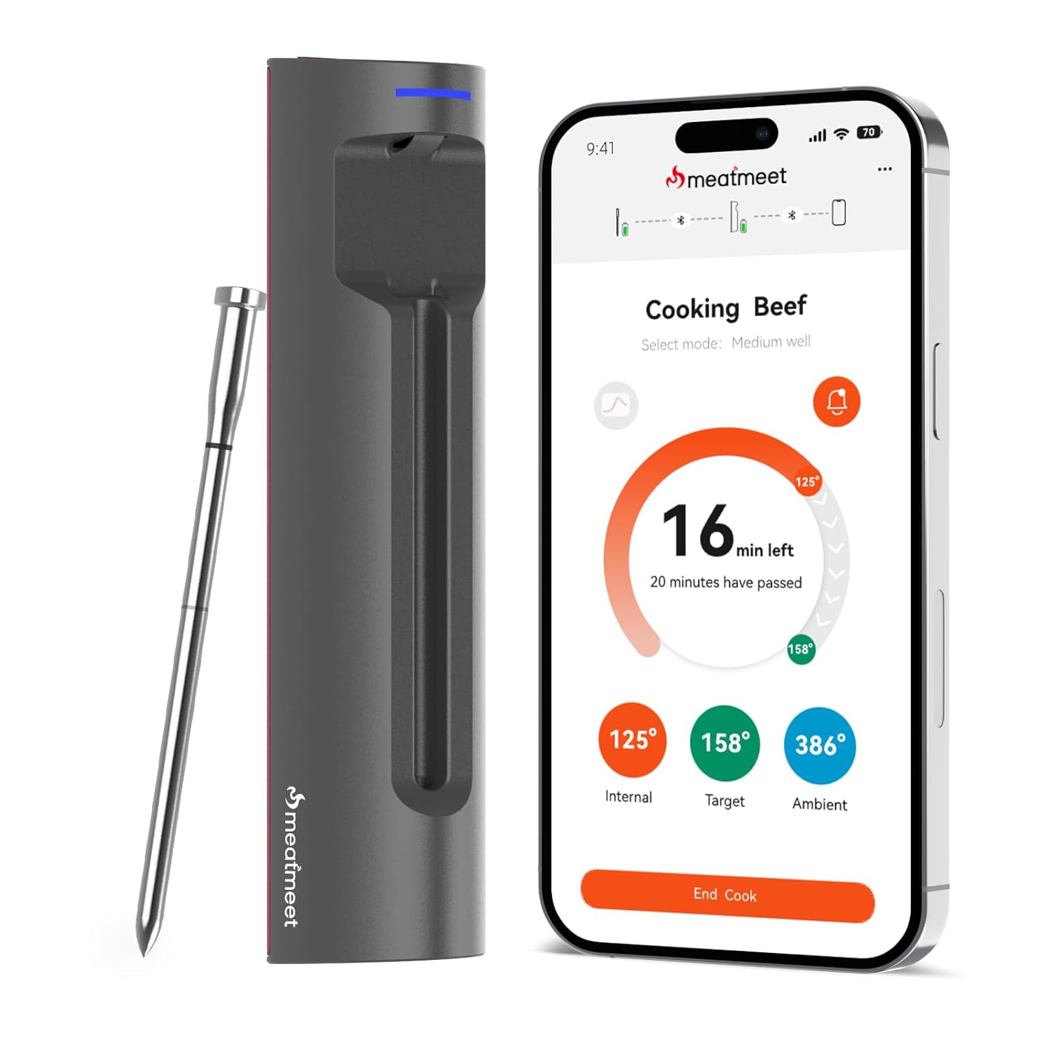 S Pro Fleischthermometer Kabellos mit Bluetooth, AI-gesteuert, 6 Temperatursensoren gleichzeitig, ±0,1°C Genauigkeit, App-Überwachung mit Timer und Alarm, IP69 wasserdicht & ölbeständig