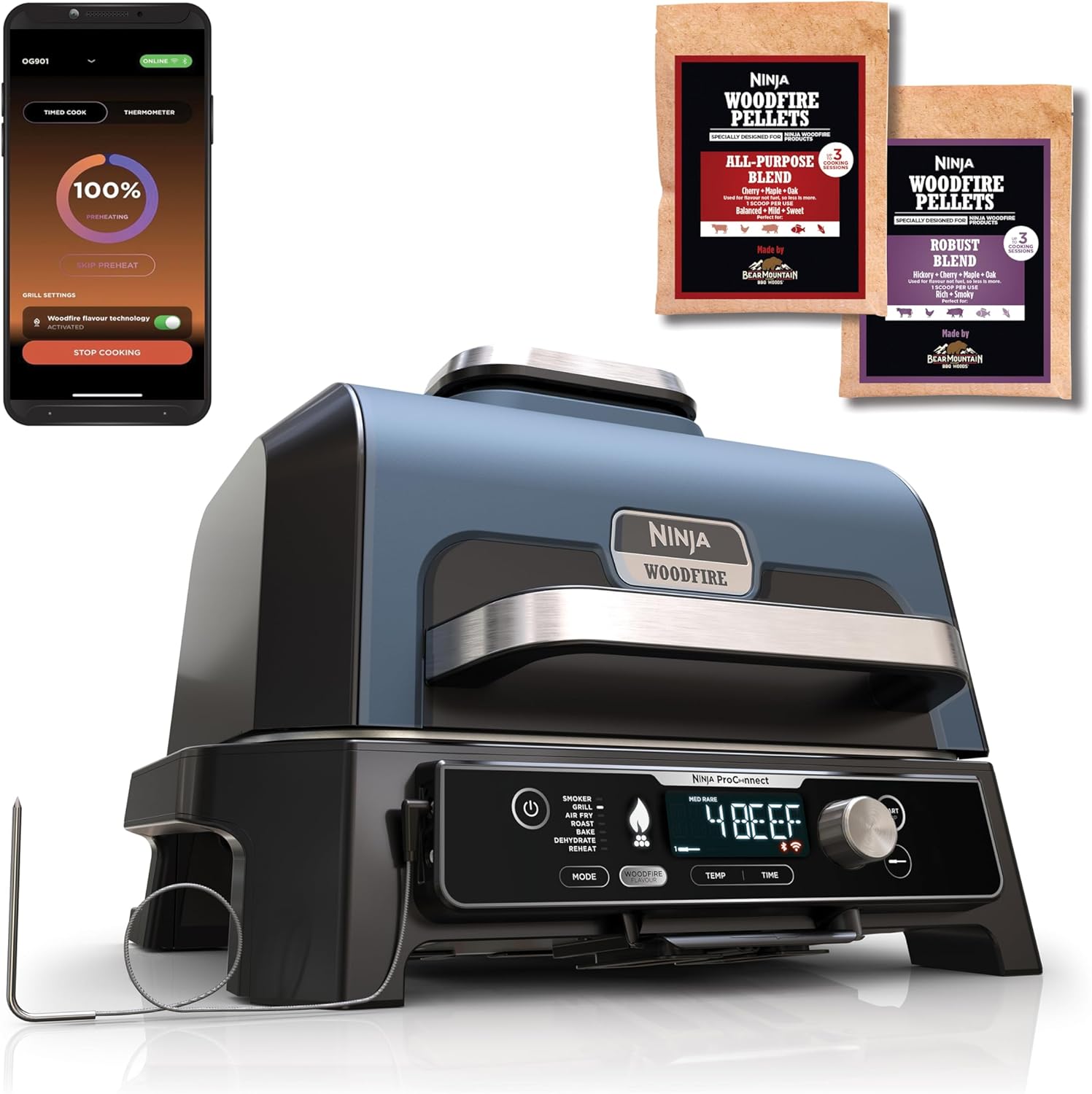 Ninja Woodfire Pro Connect XL Elektrischer BBQ Smoker Grill, App-Steuerung, digitaler Temperaturfühler, 7-in-1 Outdoor Grill elektrisch & Air Fryer mit Woodfire Pellets, wetterfest, Schwarz OG901